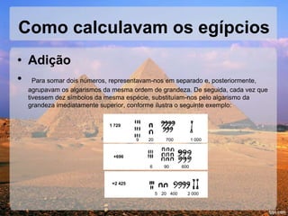 Como calculavam os egípcios
• Adição
• Para somar dois números, representavam-nos em separado e, posteriormente,
agrupavam os algarismos da mesma ordem de grandeza. De seguida, cada vez que
tivessem dez símbolos da mesma espécie, substituíam-nos pelo algarismo da
grandeza imediatamente superior, conforme ilustra o seguinte exemplo:
1 729
9 20 700 1 000
+696
6 90 600
=2 425
5 20 400 2 000
 