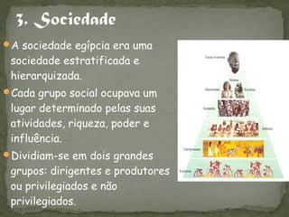 A sociedade egípcia era uma
 sociedade estratificada e
 hierarquizada.
Cada grupo social ocupava um
 lugar determinado pelas suas
 atividades, riqueza, poder e
 influência.
Dividiam-se em dois grandes
 grupos: dirigentes e produtores
 ou privilegiados e não
 privilegiados.
 