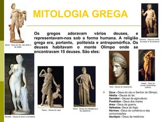 MITOLOGIA GREGA Zeus -  Deus do céu e Senhor do Olimpo;  Héstia -  Deusa do lar;  Deméter -  Deusa da agricultura;  Posêidon -  Deus dos mares  Ares -  Deus da guerra;   Hefestos-  Deus do fogo;  Hermes -  Deus do comércio e das comunicações.  Asclépio -  Deus da medicina.  Os gregos adoravam vários deuses, e representavam-nos sob a forma humana. A religião grega era, portanto,  politeísta e antropomórfica. Os deuses habitavam o monte Olimpo onde se encontravam 15 deuses. São eles:  Hera - Deusa do casamento   Atena - Deusa da inteligência e da sabedoria;  Hades - Deus do mundo subterrâneo (inferno Apolo - Deus do Sol, das artes e da razão; Dionísio - Deus do vinho, do prazer e da aventura Afrodite - Deusa do amor e da beleza  Diana – Deusa da caça 