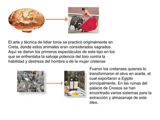 El arte y técnica de lidiar toros se practicó originalmente en Creta, donde estos animales eran considerados sagrados. Aquí se dieron los primeros espectáculos de este tipo en los que se enfrentaba la salvaje potencia del toro contra la habilidad y destreza del hombre o de la mujer cretense  Fueron los cretenses quienes lo transformaron el olivo en aceite, el cual exportaron a Egipto principalmente. En las ruinas del palacio de Cnosos se han encontrado varios sistemas para la extracción y almacenaje de este óleo.  