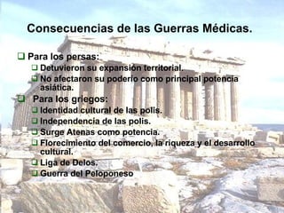 Consecuencias de las Guerras Médicas.   Para los persas: Detuvieron su expansión territorial.  No afectaron su poderío como principal potencia asiática.  Para los griegos: Identidad cultural de las polis.  Independencia de las polis.  Surge Atenas como potencia.  Florecimiento del comercio, la riqueza y el desarrollo cultural. Liga de Delos. Guerra del Peloponeso 