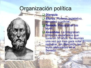 Organización política Diarquía .  Éforos . P oderes legislativo, ejecutivo y judicial. Senado .  Preparaban las leyes. Asamblea.  La integraban todos los espartanos que tuvieran 30 años. Se reunían una vez por mes para votar o rechazar, sin discusión, las leyes elaboradas en el Senado. 