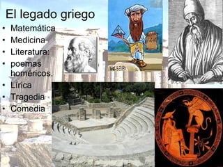 El legado griego Matemática Medicina Literatura:  poemas homéricos. Lírica Tragedia Comedia 