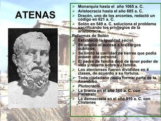 ATENAS Monarquía hasta el  año 1065 a. C.  Aristocracia hasta el año 685 a. C.  Dracón, uno de los arcontes, redactó un código en 621 a. C.  Solón en 549 a. C. soluciona el problema sacrificando los privilegios de la aristocracia. Reformas de Solón Estableció la igualdad social.  Se amplió el acceso a los cargos públicos.  Se limitó la cantidad de tierras que podía poseer una persona.  El padre de familia dejó de tener poder de vida y muerte sobre su familia. Los atenienses fueron divididos en 4 clases, de acuerdo a su fortuna.  Todo ciudadano podía formar parte de la Asamblea. Plutocracia . La tiranía en el año 560 a. C. con Pisístrato   La democracia en el año 510 a. C. con Clístenes  