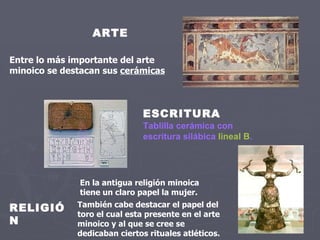 ARTE Entre lo más importante del arte minoico se destacan sus  cerámicas ESCRITURA    Tablilla cerámica con escritura silábica  lineal B . RELIGIÓN En la antigua religión minoica tiene un claro papel la mujer.  También cabe destacar el papel del toro el cual esta presente en el arte minoico y al que se cree se dedicaban ciertos rituales atléticos.  