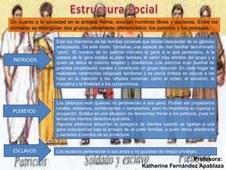 En cuanto a la sociedad en la antigua Roma, existían hombres libres y esclavos. Entre los
primeros se distinguían dos grupos claramente diferenciados: los patricios y los plebeyos.
Eran los miembros de las familias romanas que decían descender de un glorioso
antepasado. De este modo, formaban una especie de clan familiar denominado
“gens”. El nombre de un patricio indicaba la gens a la que pertenecía. A la
cabeza de la gens estaba el pater familias, el varón más anciano del grupo y a
quien se debía el máximo respeto y obediencia. Los patricios eran dueños de
grandes propiedades rurales y constituían un grupo reducido. En cada hogar se
realizaban ceremonias religiosas familiares y se ponía énfasis en educar a los
hijos en la tradición y las virtudes romanas, como el orden, el esfuerzo, la
disciplina y la fidelidad a los compromisos.
PATRICIOS
PLEBEYOS
Los plebeyos eran quienes no pertenecían a una gens. Podían ser propietarios
rurales, artesanos, comerciantes o campesinos, pero no importaba su riqueza u
ocupación. Estaba en una situación de desventaja frente a los patricios, pues no
tenían los mismos derechos que ellos.
Algunos plebeyos adquirían la categoría de clientes cuando se ligaban a una
gens colocándose bajo el amparo de un pater familias, a quien debía obediencia
y servicios a cambio de su protección
ESCLAVOS Los esclavos pertenecían a sus amos y no gozaban de ningún privilegio.
Profesora:
Katherine Fernández Apablaza
 