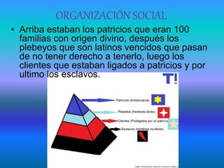 ORGANIZACIÓN SOCIAL
• Arriba estaban los patricios que eran 100
familias con origen divino, después los
plebeyos que son latinos vencidos que pasan
de no tener derecho a tenerlo, luego los
clientes que estaban ligados a patricios y por
ultimo los esclavos.
 