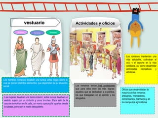 Los hombres romanos llevaban una túnica corta (toga) sobre la
cual se ponían distintos elementos, que dependían de su situación
social.
.
vestuario Actividades y oficios
Las mujeres llevaban una túnica interior, sobre la cual llevaban un
vestido sujeto por un cinturón y unos broches. Para salir de la
casa se envolvían en la palla, un manto que podía taparlas desde
la cabeza, pero con el rostro descubierto.
Mujeres hombres Soldados
Los romanos mantenían una
vida saludable, cultivaban el
ocio y el deporte en la vida
cotidiana, así como desarrollar
actividades recreativas y
artísticas.
Los romanos tenían tres profesiones
que para ellos eran las más dignas:
aquellos que se dedicaban a la política,
los que trabajaban en el ejército y los
abogados.
Oficios que desarrollaban la
mayoría de los romanos:
artesanos, mercaderes,
comerciantes, marineros y en
los campo los agricultores
 