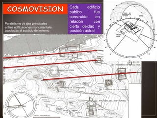 Paralelismo de ejes principales
entres edificaciones monumentales
asociadas al solsticio de invierno

Cada
edificio
publico
fue
construido
en
relación
con
cierta deidad y
posición astral

 