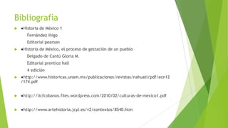 Bibliografía


●Historia de México 1
Fernández Iñigo

Editorial pearson


●Historia de México, el proceso de gestación de un pueblo
Delgado de Cantú Gloria M.
Editorial prentice hall
4 edición



●http://www.historicas.unam.mx/publicaciones/revistas/nahuatl/pdf/ecn12
/174.pdf



●http://licfcobanos.files.wordpress.com/2010/02/culturas-de-mexico1.pdf



●http://www.artehistoria.jcyl.es/v2/contextos/8540.htm

 