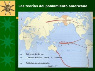 Las teorías del poblamiento americano
⇒         Estrecho de Bering
⇒          Océano Pacífico desde la polinesia
⇒         Antártida desde Australia
 
