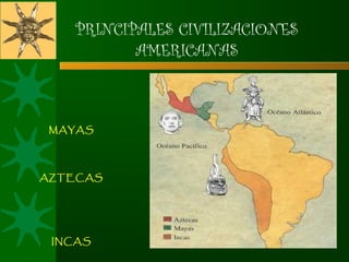 MAYAS
AZTECAS
INCAS
PRINCIPALES CIVILIZACIONES
AMERICANAS
 