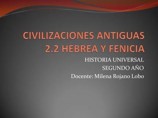 CIVILIZACIONES ANTIGUAS2.2 HEBREA Y FENICIA HISTORIA UNIVERSAL SEGUNDO AÑO  Docente: Milena Rojano Lobo  