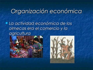 Organización económica
   La actividad económica de los
    olmecas era el comercio y la
    agricultura
 