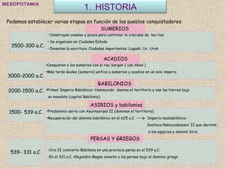 Conquistan a los sumerios con el rey Sargón I (de Akad ) Más tarde Gudea (sumerio) unifica a sumerios y acadios en un solo imperio  MESOPOTAMIA Podemos establecer varias etapas en función de los pueblos conquistadores 3500-300 a.C. Primer Imperio Babilónico: Hammurabi  domina el territorio y une las tierras bajo su mandato (capital Babilonia) 2000-1500 a.C. BABILONIOS Ciro II convierte Babilonia en una provincia persa en el 539 a.C. En el 331 a.C. Alejandro Magno somete a los persas bajo el dominio griego 539- 331 a.C. PERSAS Y GRIEGOS Construyen canales y pozos para controlar la crecidas de  los ríos Se organizan en Ciudades Estado  Inventan la escritura .  Ciudades importantes: Lagash, Ur, Uruk ACADIOS SUMERIOS  3000-2000 a.C. Predominio asirio con Asurnasirpal II (dominan el territorio) Recuperación del dominio babilónico en el 625 a.C.  Imperio neobabilónico: Destaca Nabucodonosor II que derrotó a los egipcios y dominó Siria ASIRIOS y babilonios 1500- 539 a.C. HISTORIA 