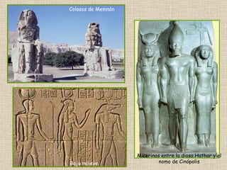 Bajo relieve Colosos de Memnón Micerinos entre la diosa Hathor y el nomo de Cinópolis 