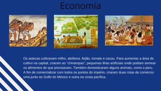 Economia
Os astecas cultivavam milho, abóbora, feijão, tomate e cacau. Para aumentar a área de
cultivo na capital, criaram as “chinampas”, pequenas ilhas artificiais onde podiam semear
os alimentos de que precisavam. Também domesticaram alguns animais, como o peru.
A fim de comercializar com todos os pontos do império, criaram duas rotas de comércio:
uma junto ao Golfo do México e outra na costa pacífica.
 