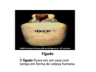 Fígado IMSET O  fígado  ficava em um vaso com tampa em forma de cabeça humana . IMSET O  fígado  ficava em um vaso com tampa em forma de cabeça humana. DUAMUTEF O  estômago  era guardado em um vaso com tampa em forma de chacal ou cão selvagem. KEBEHSENUEF Um vaso com a cabeça de falcão guardava os  intestinos . HAPI Os  pulmões  eram guardados em um vaso com cabeça de babuíno. 