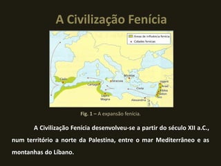 A Civilização Fenícia




                        Fig. 1 – A expansão fenícia..

       A Civilização Fenícia desenvolveu-se a partir do século XII a.C.,
num território a norte da Palestina, entre o mar Mediterrâneo e as
montanhas do Líbano.
 