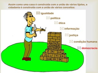 Assim como uma casa é construída com a união de vários tijolos, a
cidadania é construída com a união de vários conceitos:

                       igualdade
                             política
                                   ética
                                           informação

                                               justiça

                                                   condição humana
                                                         democracia
 