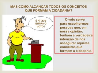 MAS COMO ALCANÇAR TODOS OS CONCEITOS
       QUE FORMAM A CIDADANIA?


           É AÍ QUE       O voto serve
           ENTRA O     para escolhermos
            VOTO !     pessoas que, em
                       nossa opinião,
                       tenham a verdadeira
                       intenção de nos
                       assegurar aqueles
                       conceitos que
                       formam a cidadania.
 