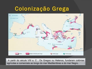 Colonização Grega A partir do século VIII a. C , Os Gregos ou Helenos, fundaram colónias agrícolas e comerciais ao longo do mar Mediterrâneo e do mar Negro. 
