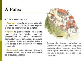 A Pólis: A pólis era constituída por: Acrópole , situada na parte mais alta da cidade, era o centro da vida religiosa e onde se encontravam os templos. Ágora , ou praça pública, era a parte mais baixa da cidade, onde se encontravam as zonas residenciais, administrativas e comerciais. Constituía o centro da cidade e aí se desenvolvia a vida política e se realizavam as trocas comerciais. Zona rural ,   com campos, pastos e bosques, servia para abastecer   a cidade de produtos agrícolas. Acrópole Partenon Erectéion Apesar de viverem isoladas, as cidades-estado possuíam algumas características comuns que lhes dava alguma unidade, tais como a língua, a religião, os jogos e os costumes.  