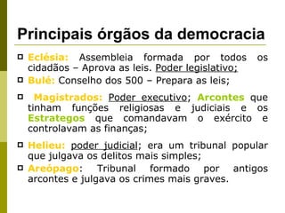 Principais órgãos da democracia  Eclésia:  Assembleia formada por todos os cidadãos – Aprova as leis.  Poder legislativo; Bulé:  Conselho dos 500 – Prepara as leis; Magistrados:   Poder executivo ;  Arcontes  que tinham funções religiosas e judiciais e os  Estrategos  que comandavam o exército e controlavam as finanças; Helieu:   poder judicial ; era um tribunal popular que julgava os delitos mais simples; Areópago : Tribunal formado por antigos arcontes e julgava os crimes mais graves. 
