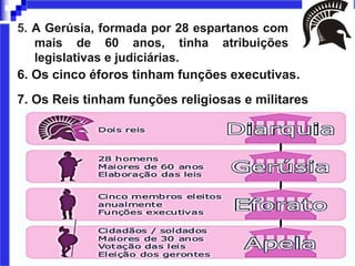 5. A Gerúsia, formada por 28 espartanos com
mais de 60 anos, tinha atribuições
legislativas e judiciárias.
6. Os cinco éforos tinham funções executivas.
7. Os Reis tinham funções religiosas e militares
 