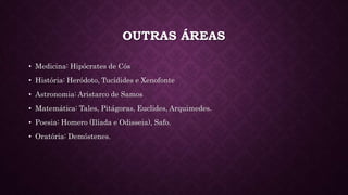 OUTRAS ÁREAS
• Medicina: Hipócrates de Cós
• História: Heródoto, Tucídides e Xenofonte
• Astronomia: Aristarco de Samos
• Matemática: Tales, Pitágoras, Euclides, Arquimedes.
• Poesia: Homero (Ilíada e Odisseia), Safo.
• Oratória: Demóstenes.
 