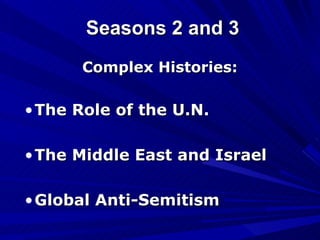 Seasons 2 and 3 Complex Histories: The Role of the U.N. The Middle East and Israel Global Anti-Semitism 