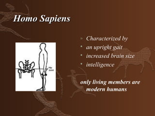 Homo Sapiens
               »   Characterized by
                  an upright gait
                  increased brain size
                  intelligence

               only living members are
                 modern humans
 