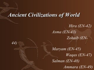 Ancient Civilizations of World
                          Hira (EN-42)
                  Asma (EN-43)
                         Zohaib (EN-
 44)
                  Maryam (EN-45)
                         Waqas (EN-47)
                  Salman (EN-48)
                        Ammara (EN-49)
 