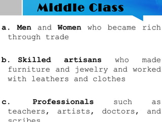 Middle Class
a. Men and Women who became rich
through trade
b. Skilled artisans who made
furniture and jewelry and worked
with leathers and clothes
c. Professionals such as
teachers, artists, doctors, and
 