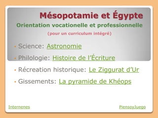 Mésopotamie et Égypte
      Orientation vocationelle et professionnelle
                (pour un curriculum intégré)


  •   Science: Astronomie
  •   Philologie: Histoire de l’Écriture
  •   Récreation historique: Le Ziggurat d’Ur
  •   Gissements: La pyramide de Khéops



Internenes                                     PiensoyJuego
 
