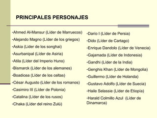 PRINCIPALES PERSONAJES 
-Ahmed Al-Mansur (Líder de Marruecos) 
-Alejando Magno (Líder de los griegos) 
-Askia (Lider de los songhai) 
-Asurbanipal (Líder de Asiria) 
-Atila (Líder del Imperio Huno) 
-Bismarck (Líder de los alemanes) 
-Boadicea (Líder de los celtas) 
-César Augusto (Líder de los romanos) 
-Casimiro III (Líder de Polonia) 
-Catalina (Líder de los rusos) 
-Chaka (Líder del reino Zulú) 
-Darío I (Líder de Persia) 
-Dido (Líder de Cartago) 
-Enrique Dandolo (Líder de Venecia) 
-Gajamada (Líder de Indonesia) 
-Gandhi (Líder de la India) 
-Genghis Khan (Líder de Mongolia) 
-Guillermo (Líder de Holanda) 
-Gustavo Adolfo (Líder de Suecia) 
-Haile Selassie (Líder de Etiopía) 
-Harald Colmillo Azul (Líder de 
Dinamarca) 
 