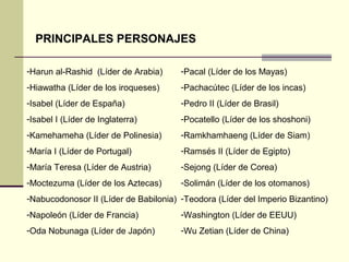 PRINCIPALES PERSONAJES 
-Harun al-Rashid (Líder de Arabia) 
-Hiawatha (Líder de los iroqueses) 
-Isabel (Líder de España) 
-Isabel I (Líder de Inglaterra) 
-Kamehameha (Líder de Polinesia) 
-María I (Líder de Portugal) 
-María Teresa (Líder de Austria) 
-Moctezuma (Líder de los Aztecas) 
-Nabucodonosor II (Líder de Babilonia) 
-Napoleón (Líder de Francia) 
-Oda Nobunaga (Líder de Japón) 
-Pacal (Líder de los Mayas) 
-Pachacútec (Líder de los incas) 
-Pedro II (Líder de Brasil) 
-Pocatello (Líder de los shoshoni) 
-Ramkhamhaeng (Líder de Siam) 
-Ramsés II (Líder de Egipto) 
-Sejong (Líder de Corea) 
-Solimán (Líder de los otomanos) 
-Teodora (Líder del Imperio Bizantino) 
-Washington (Líder de EEUU) 
-Wu Zetian (Líder de China) 
 