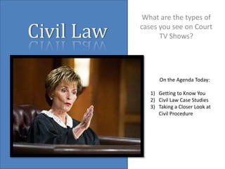 Civil Law What are the types of cases you see on Court TV Shows? On the Agenda Today: Getting to Know You Civil Law Case Studies Taking a Closer Look at Civil Procedure 