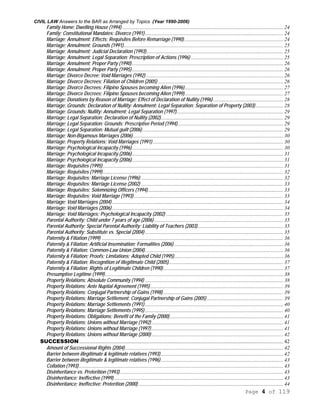 CIVIL LAW Answers to the BAR as Arranged by Topics (Year 1990-2006)
Page 4 of 119
Family Home; Dwelling House (1994) .......................................................................................................................... 24
Family; Constitutional Mandates; Divorce (1991)......................................................................................................... 24
Marriage; Annulment; Effects; Requisites Before Remarriage (1990) ........................................................................... 24
Marriage; Annulment; Grounds (1991)......................................................................................................................... 25
Marriage; Annulment; Judicial Declaration (1993)........................................................................................................ 25
Marriage; Annulment; Legal Separation; Prescription of Actions (1996) ...................................................................... 25
Marriage; Annulment; Proper Party (1990)................................................................................................................... 26
Marriage; Annulment; Proper Party (1995)................................................................................................................... 26
Marriage; Divorce Decree; Void Marriages (1992) ........................................................................................................ 26
Marriage; Divorce Decrees; Filiation of Children (2005) ............................................................................................... 26
Marriage; Divorce Decrees; Filipino Spouses becoming Alien (1996)........................................................................... 27
Marriage; Divorce Decrees; Filipino Spouses becoming Alien (1999)........................................................................... 27
Marriage; Donations by Reason of Marriage; Effect of Declaration of Nullity (1996) ..................................................... 28
Marriage; Grounds; Declaration of Nullity: Annulment: Legal Separation: Separation of Property (2003)..................... 28
Marriage; Grounds; Nullity; Annulment; Legal Separation (1997)................................................................................. 29
Marriage; Legal Separation; Declaration of Nullity (2002)............................................................................................. 29
Marriage; Legal Separation; Grounds; Prescriptive Period (1994)................................................................................ 29
Marriage; Legal Separation; Mutual guilt (2006)........................................................................................................... 29
Marriage; Non-Bigamous Marriages (2006).................................................................................................................. 30
Marriage; Property Relations; Void Marriages (1991) ................................................................................................... 30
Marriage; Psychological Incapacity (1996)................................................................................................................... 30
Marriage; Psychological Incapacity (2006)................................................................................................................... 31
Marriage; Psychological Incapacity (2006)................................................................................................................... 31
Marriage; Requisites (1995)......................................................................................................................................... 31
Marriage; Requisites (1999)......................................................................................................................................... 32
Marriage; Requisites; Marriage License (1996) ............................................................................................................ 32
Marriage; Requisites; Marriage License (2002) ............................................................................................................ 33
Marriage; Requisites; Solemnizing Officers (1994)....................................................................................................... 33
Marriage; Requisites; Void Marriage (1993) ................................................................................................................. 33
Marriage; Void Marriages (2004).................................................................................................................................. 34
Marriage; Void Marriages (2006).................................................................................................................................. 34
Marriage; Void Marriages; Psychological Incapacity (2002) ......................................................................................... 35
Parental Authority; Child under 7 years of age (2006).................................................................................................. 35
Parental Authority; Special Parental Authority; Liability of Teachers (2003)................................................................. 35
Parental Authority; Substitute vs. Special (2004) ......................................................................................................... 35
Paternity & Filiation (1999) .......................................................................................................................................... 36
Paternity & Filiation; Artificial Insemination; Formalities (2006)................................................................................... 36
Paternity & Filiation; Common-Law Union (2004)......................................................................................................... 36
Paternity & Filiation; Proofs; Limitations; Adopted Child (1995)................................................................................... 36
Paternity & Filiation; Recognition of illegitimate Child (2005)....................................................................................... 37
Paternity & Filiation; Rights of Legitimate Children (1990)........................................................................................... 37
Presumptive Legitime (1999) ....................................................................................................................................... 38
Property Relations; Absolute Community (1994) ......................................................................................................... 38
Property Relations; Ante Nuptial Agreement (1995)..................................................................................................... 39
Property Relations; Conjugal Partnership of Gains (1998) ........................................................................................... 39
Property Relations; Marriage Settlement; Conjugal Partnership of Gains (2005) .......................................................... 39
Property Relations; Marriage Settlements (1991) ......................................................................................................... 40
Property Relations; Marriage Settlements (1995) ......................................................................................................... 40
Property Relations; Obligations; Benefit of the Family (2000) ...................................................................................... 41
Property Relations; Unions without Marriage (1992).................................................................................................... 41
Property Relations; Unions without Marriage (1997).................................................................................................... 41
Property Relations; Unions without Marriage (2000).................................................................................................... 42
SUCCESSION........................................................................................................................................................... 42
Amount of Successional Rights (2004)........................................................................................................................ 42
Barrier between illegitimate & legitimate relatives (1993)............................................................................................. 42
Barrier between illegitimate & legitimate relatives (1996)............................................................................................. 43
Collation (1993)........................................................................................................................................................... 43
Disinheritance vs. Preterition (1993)............................................................................................................................ 43
Disinheritance; Ineffective (1999) ................................................................................................................................ 43
Disinheritance; Ineffective; Preterition (2000) .............................................................................................................. 44
 