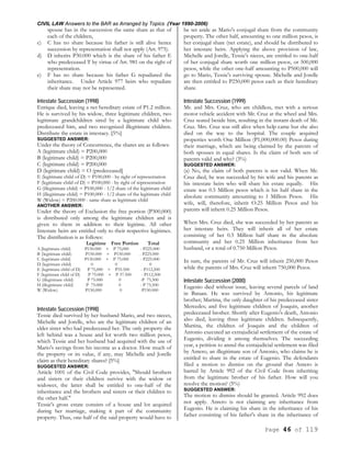 CIVIL LAW Answers to the BAR as Arranged by Topics (Year 1990-2006)
Page 46 of 119
spouse has in the succession the same share as that of
each of the children,
c) C has no share because his father is still alive hence
succession by representation shall not apply (Art. 975).
d) D inherits P30.000 which is the share of his father E
who predeceased T by virtue of Art. 981 on the right of
representation.
e) F has no share because his father G repudiated the
inheritance. Under Article 977 heirs who repudiate
their share may not be represented.
Intestate Succession (1998)
Enrique died, leaving a net hereditary estate of P1.2 million.
He is survived by his widow, three legitimate children, two
legitimate grandchildren sired by a legitimate child who
predeceased him, and two recognized illegitimate children.
Distribute the estate in intestacy. [5%]
SUGGESTED ANSWER:
Under the theory of Concurrence, the shares are as follows:
A (legitimate child) = P200,000
B (legitimate child) = P200,000
C (legitimate child) = P200,000
D (legitimate child) = O (predeceased]
E (legitimate child of D) = P100,000 - by right of representation
F (legitimate child of D) = P100,000 - by right of representation
G (illegitimate child) = P100,000 - 1/2 share of the legitimate child
H (illegitimate child) = P100,000 - 1/2 share of the legitimate child
W (Widow) = P200.000 - same share as legitimate child
ANOTHER ANSWER:
Under the theory of Exclusion the free portion (P300,000)
is distributed only among the legitimate children and is
given to them in addition to their legitime. All other
Intestate heirs are entitled only to their respective legitimes.
The distribution is as follows:
Legitime Free Portion Total
A [legitimate child) P150.000 + P 75,000 - P225.000
B {legitimate child) P150.000 + P150.000 - P225.000
C (legitimate child) P150.000 + P 75.000 - P225.000
D (legitimate child) 0 0 0
E (legitimate child of D) P 75,000 + P35.500 - P112,500
F (legitimate child of D) P 75.000 + P 37.500 - P112,500
G (illegitimate child) P 75.000 0 -P 75,500
H (illegitimate child) P 75.000 0 - P 75,500
W (Widow) P150,000 0 -P150.000
Intestate Succession (1998)
Tessie died survived by her husband Mario, and two nieces,
Michelle and Jorelle, who are the legitimate children of an
elder sister who had predeceased her. The only property she
left behind was a house and lot worth two million pesos,
which Tessie and her husband had acquired with the use of
Mario's savings from his income as a doctor. How much of
the property or its value, if any, may Michelle and Jorelle
claim as their hereditary shares? [5%]
SUGGESTED ANSWER:
Article 1001 of the Civil Code provides, "Should brothers
and sisters or their children survive with the widow or
widower, the latter shall be entitled to one-half of the
inheritance and the brothers and sisters or their children to
the other half."
Tessie's gross estate consists of a house and lot acquired
during her marriage, making it part of the community
property. Thus, one-half of the said property would have to
be set aside as Mario's conjugal share from the community
property. The other half, amounting to one million pesos, is
her conjugal share (net estate), and should be distributed to
her intestate heirs. Applying the above provision of law,
Michelle and Jorelle, Tessie's nieces, are entitled to one-half
of her conjugal share worth one million pesos, or 500,000
pesos, while the other one-half amounting to P500,000 will
go to Mario, Tessie's surviving spouse. Michelle and Jorelle
are then entitled to P250,000 pesos each as their hereditary
share.
Intestate Succession (1999)
Mr. and Mrs. Cruz, who are childless, met with a serious
motor vehicle accident with Mr. Cruz at the wheel and Mrs.
Cruz seated beside him, resulting in the instant death of Mr.
Cruz. Mrs. Cruz was still alive when help came but she also
died on the way to the hospital. The couple acquired
properties worth One Million (P1,000,000.00) Pesos during
their marriage, which are being claimed by the parents of
both spouses in equal shares. Is the claim of both sets of
parents valid and why? (3%)
SUGGESTED ANSWER:
(a) No, the claim of both parents is not valid. When Mr.
Cruz died, he was succeeded by his wife and his parents as
his intestate heirs who will share his estate equally. His
estate was 0.5 Million pesos which is his half share in the
absolute community amounting to 1 Million Pesos. His
wife, will, therefore, inherit O.25 Million Pesos and his
parents will inherit 0.25 Million Pesos.
When Mrs. Cruz died, she was succeeded by her parents as
her intestate heirs. They will inherit all of her estate
consisting of her 0.5 Million half share in the absolute
community and her 0.25 Million inheritance from her
husband, or a total of 0.750 Million Pesos.
In sum, the parents of Mr. Cruz will inherit 250,000 Pesos
while the parents of Mrs. Cruz will inherit 750,000 Pesos.
Intestate Succession (2000)
Eugenio died without issue, leaving several parcels of land
in Bataan. He was survived by Antonio, his legitimate
brother; Martina, the only daughter of his predeceased sister
Mercedes; and five legitimate children of Joaquin, another
predeceased brother. Shortly after Eugenio's death, Antonio
also died, leaving three legitimate children. Subsequently,
Martina, the children of Joaquin and the children of
Antonio executed an extrajudicial settlement of the estate of
Eugenio, dividing it among themselves. The succeeding
year, a petition to annul the extrajudicial settlement was filed
by Antero, an illegitimate son of Antonio, who claims he is
entitled to share in the estate of Eugenio. The defendants
filed a motion to dismiss on the ground that Antero is
barred by Article 992 of the Civil Code from inheriting
from the legitimate brother of his father. How will you
resolve the motion? (5%)
SUGGESTED ANSWER:
The motion to dismiss should be granted. Article 992 does
not apply. Antero is not claiming any inheritance from
Eugenio. He is claiming his share in the inheritance of his
father consisting of his father's share in the inheritance of
 