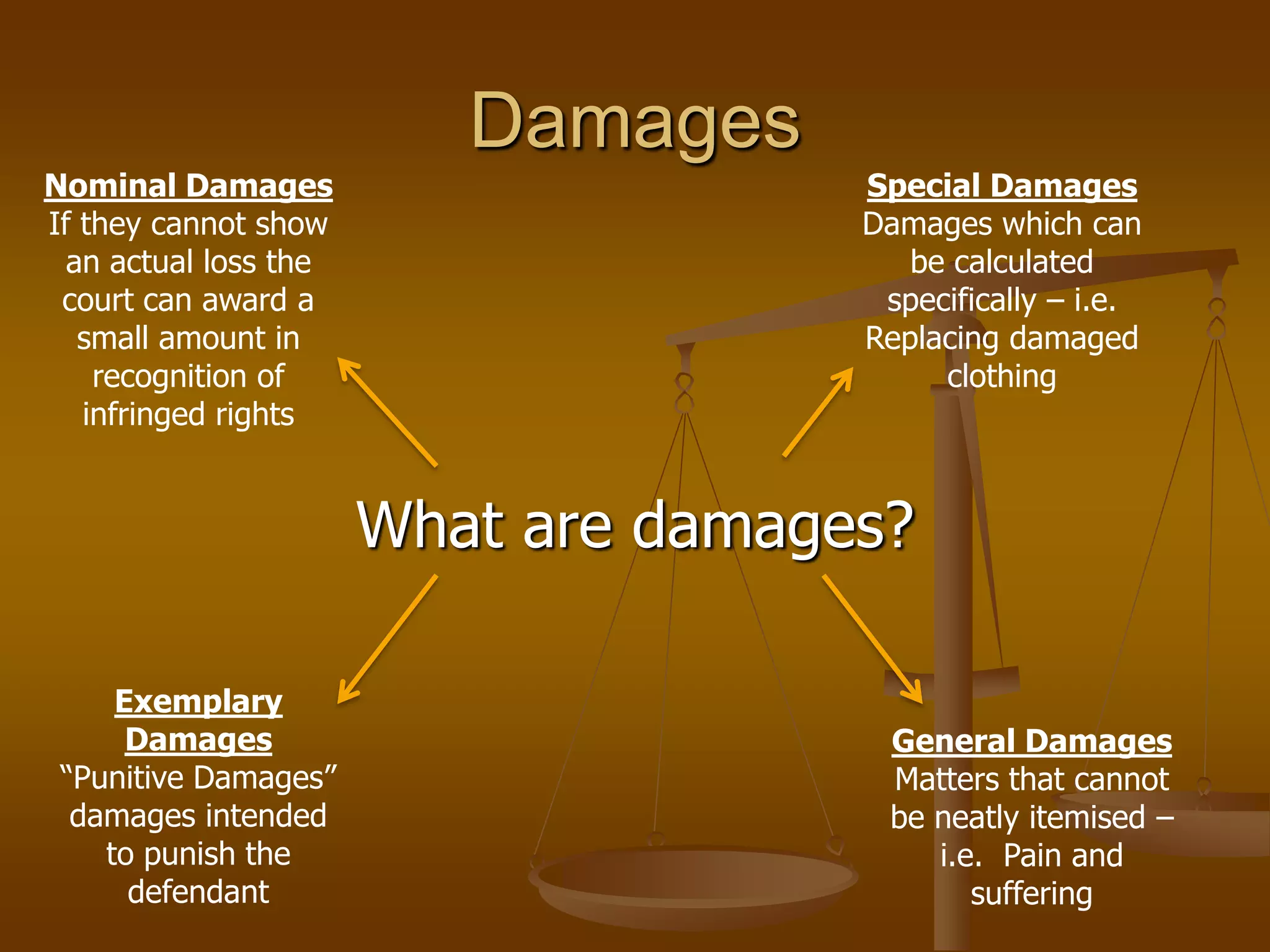 DamagesWhat are damages?Special DamagesDamages which can be calculated specifically – i.e. Replacing damaged clothingNominal DamagesIf they cannot show an actual loss the court can award a small amount in recognition of infringed rightsExemplary Damages“Punitive Damages” damages intended to punish the defendantGeneral DamagesMatters that cannot be neatly itemised – i.e. Pain and suffering