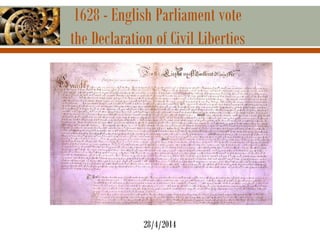 1628 - English Parliament vote
the Declaration of Civil Liberties
28/4/2014
 