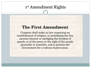 1 st  Amendment Rights The First Amendment Congress shall make no law respecting an establishment of religion, or prohibiting the free exercise thereof; or abridging the freedom of speech, or of the press; or the right of the people peaceably to assemble, and to petition the Government for a redress of grievances. 