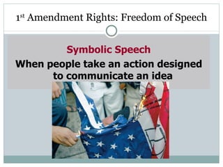1 st  Amendment Rights: Freedom of Speech Symbolic Speech When people take an action designed to communicate an idea 