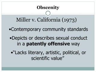Obscenity Miller v. California (1973) Contemporary community standards Depicts or describes sexual conduct in a  patently offensive  way “ Lacks literary, artistic, political, or scientific value”  