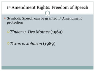 1 st  Amendment Rights: Freedom of Speech Symbolic Speech can be granted 1 st  Amendment protection Tinker v. Des Moines  (1969) Texas v. Johnson  (1989) 