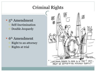 Criminal Rights 5 th  Amendment Self-Incrimination Double Jeopardy 6 th  Amendment Right to an attorney Rights at trial 