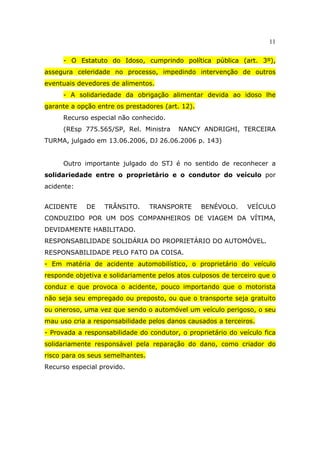 11
- O Estatuto do Idoso, cumprindo política pública (art. 3º),
assegura celeridade no processo, impedindo intervenção de outros
eventuais devedores de alimentos.
- A solidariedade da obrigação alimentar devida ao idoso lhe
garante a opção entre os prestadores (art. 12).
Recurso especial não conhecido.
(REsp 775.565/SP, Rel. Ministra NANCY ANDRIGHI, TERCEIRA
TURMA, julgado em 13.06.2006, DJ 26.06.2006 p. 143)
Outro importante julgado do STJ é no sentido de reconhecer a
solidariedade entre o proprietário e o condutor do veículo por
acidente:
ACIDENTE DE TRÂNSITO. TRANSPORTE BENÉVOLO. VEÍCULO
CONDUZIDO POR UM DOS COMPANHEIROS DE VIAGEM DA VÍTIMA,
DEVIDAMENTE HABILITADO.
RESPONSABILIDADE SOLIDÁRIA DO PROPRIETÁRIO DO AUTOMÓVEL.
RESPONSABILIDADE PELO FATO DA COISA.
- Em matéria de acidente automobilístico, o proprietário do veículo
responde objetiva e solidariamente pelos atos culposos de terceiro que o
conduz e que provoca o acidente, pouco importando que o motorista
não seja seu empregado ou preposto, ou que o transporte seja gratuito
ou oneroso, uma vez que sendo o automóvel um veículo perigoso, o seu
mau uso cria a responsabilidade pelos danos causados a terceiros.
- Provada a responsabilidade do condutor, o proprietário do veículo fica
solidariamente responsável pela reparação do dano, como criador do
risco para os seus semelhantes.
Recurso especial provido.
 