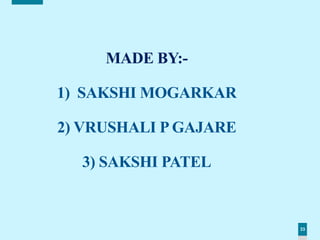 33
MADE BY:-
1) SAKSHI MOGARKAR
2) VRUSHALI P GAJARE
3) SAKSHI PATEL
 