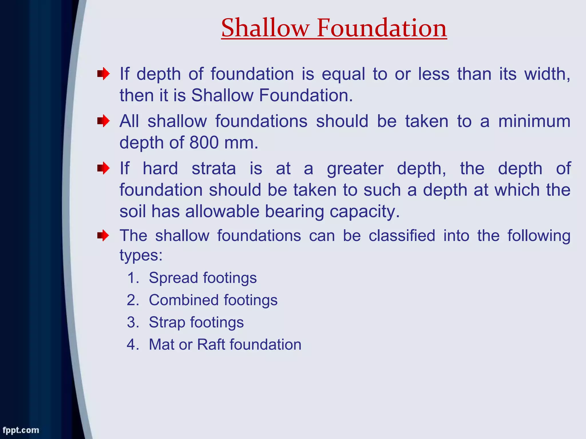 If depth of foundation is equal to or less than its width,
then it is Shallow Foundation.
All shallow foundations should be taken to a minimum
depth of 800 mm.
If hard strata is at a greater depth, the depth of
foundation should be taken to such a depth at which the
soil has allowable bearing capacity.
The shallow foundations can be classified into the following
types:
1. Spread footings
2. Combined footings
3. Strap footings
4. Mat or Raft foundation
Shallow Foundation
 